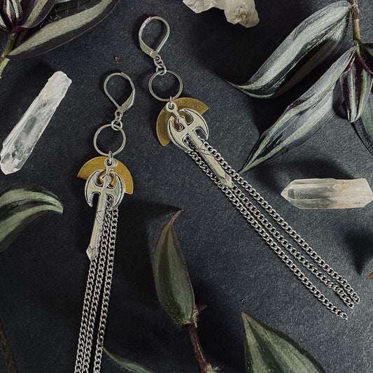 Silver axe earrings with Brass half circle and dangling silver chain details